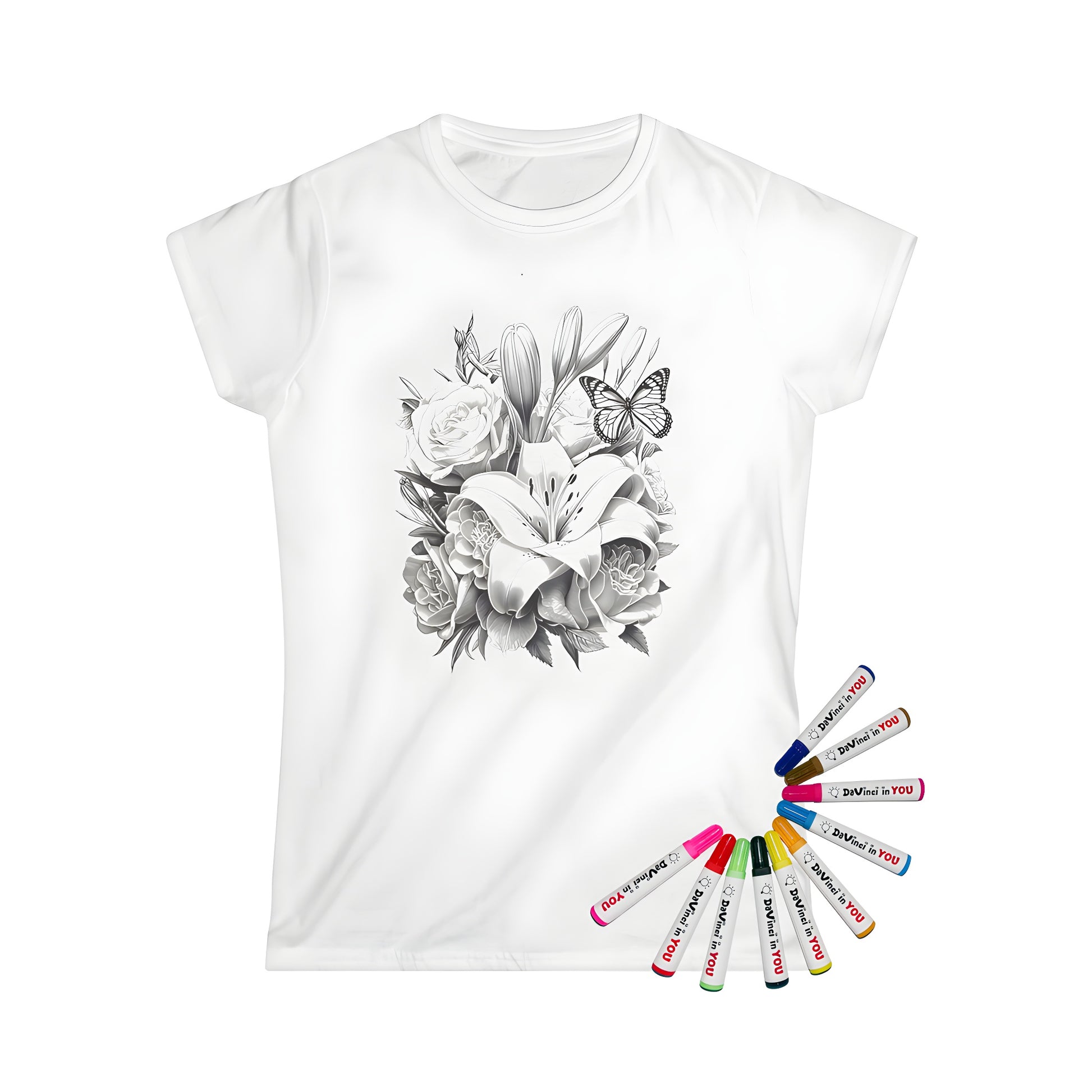 Women's t-shirt featuring an intricate coloring page design of a floral bouquet with a butterfly perched on top, perfect for artistic expression and self-expression.