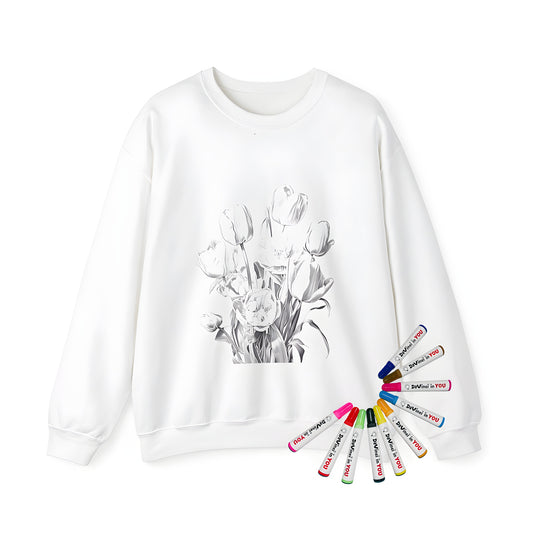 Adult sweatshirt with colorful tulip bouquet illustration, featuring detailed black and white drawing of flowers in bloom, perfect for adult coloring kit