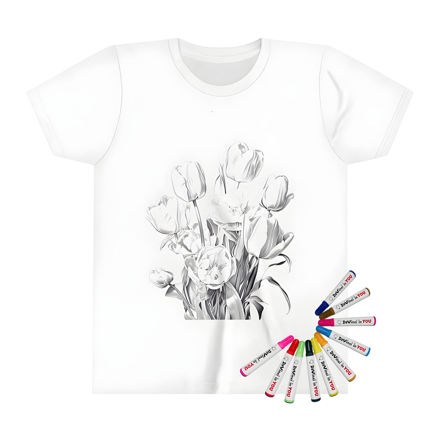 Tulip flower illustration on a colorful kid's t-shirt with vibrant flowers in bloom, perfect for little ones who love gardening and art.