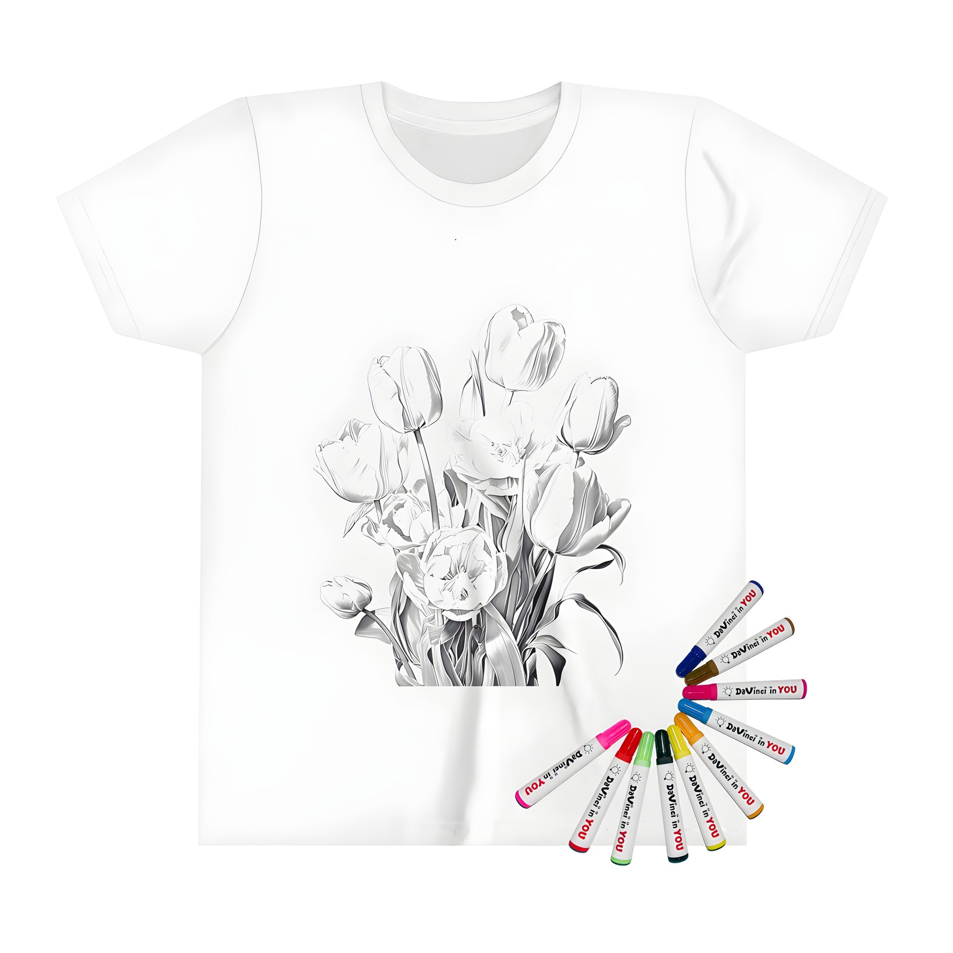 Tulip flower illustration on a colorful kid's t-shirt with vibrant flowers in bloom, perfect for little ones who love gardening and art.