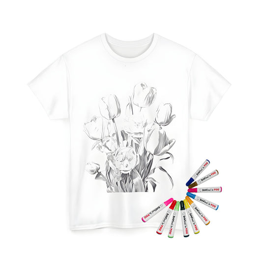 Unisex t-shirt with vibrant bouquet illustration featuring tulips, daffodils and sunflowers for adult coloring