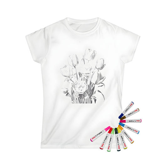 Coloring kit for women's t-shirts featuring floral art and tulip flowers