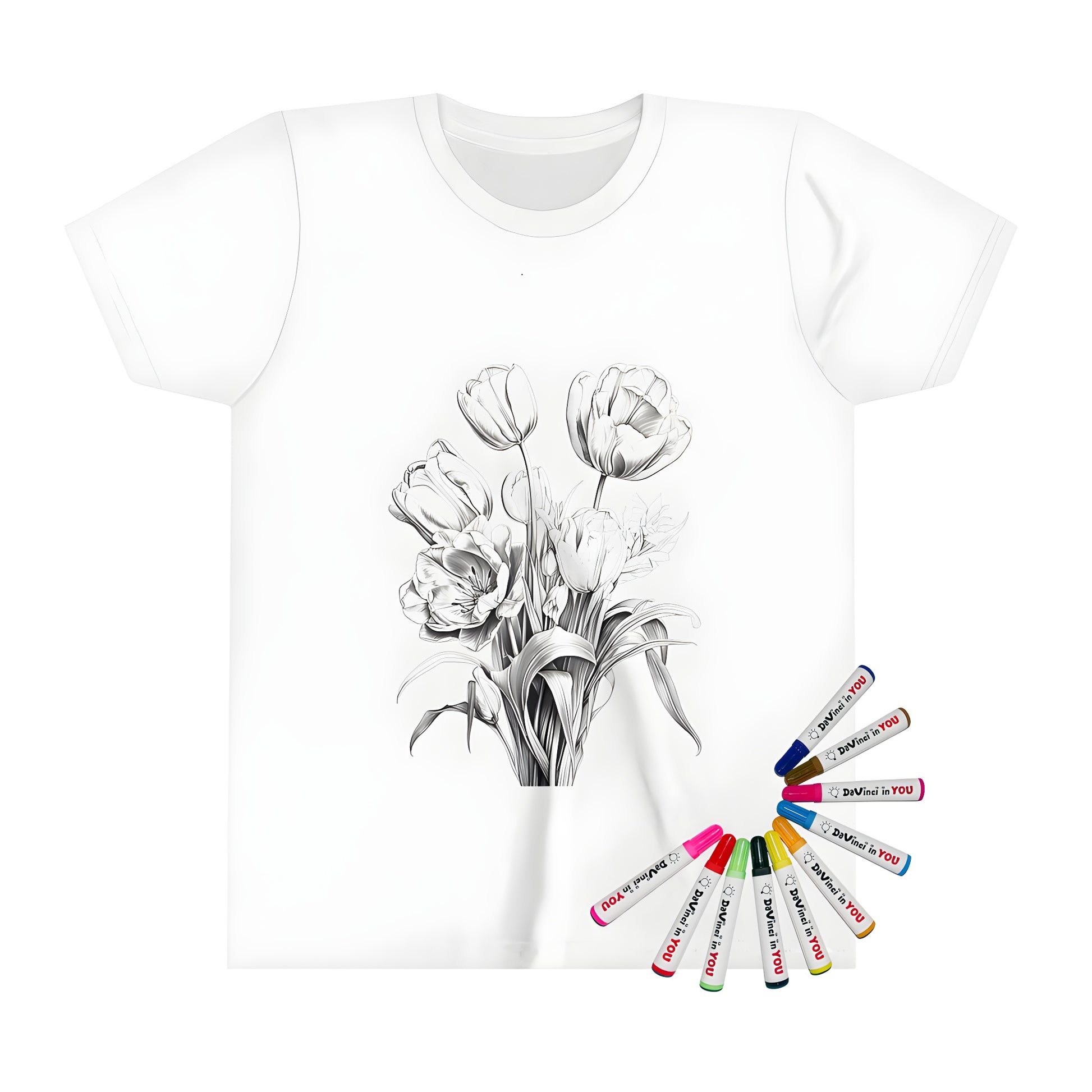 A kid's t-shirt featuring a colorful bouquet of tulips and elegant stems, perfect for a little artist