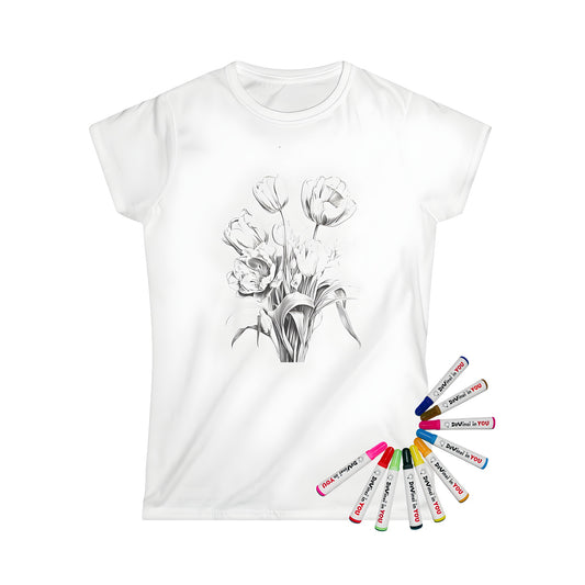 Women's T-shirt with floral coloring kit design featuring a bouquet of tulips