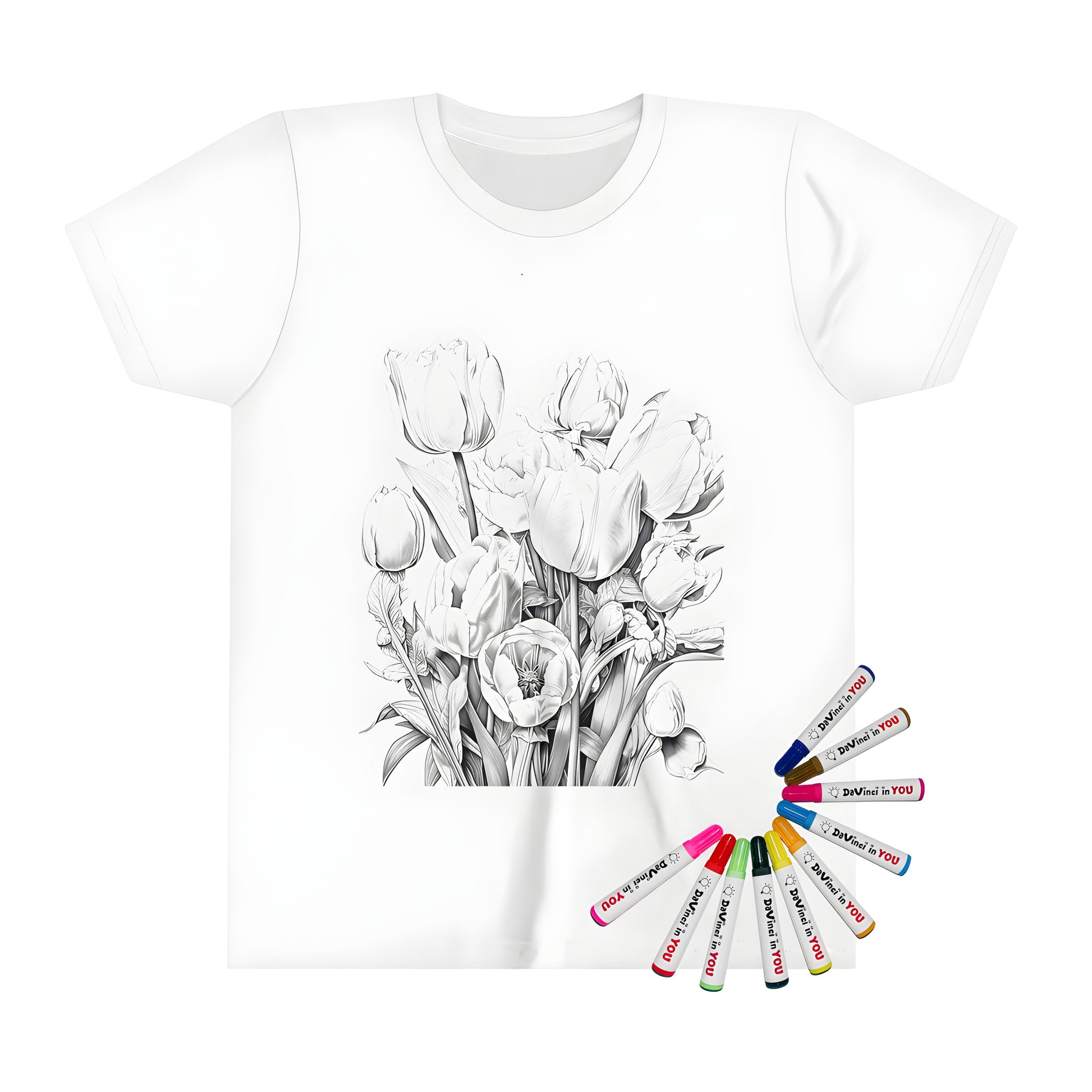 Coloring book t-shirt for kids with vibrant flower art illustration