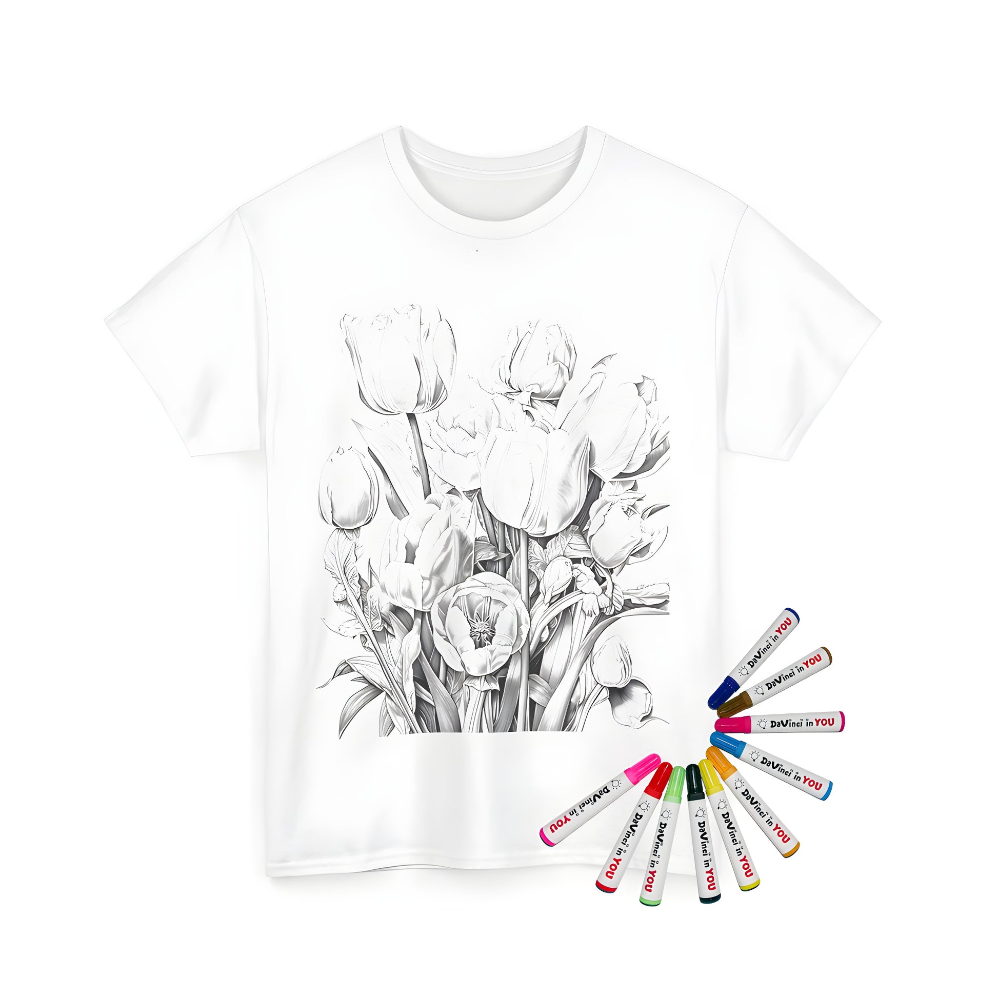 Unisex t-shirt featuring a colorful, blooming flower design, perfect for spring and summer styles. Includes vibrant markers for a fun coloring experience.