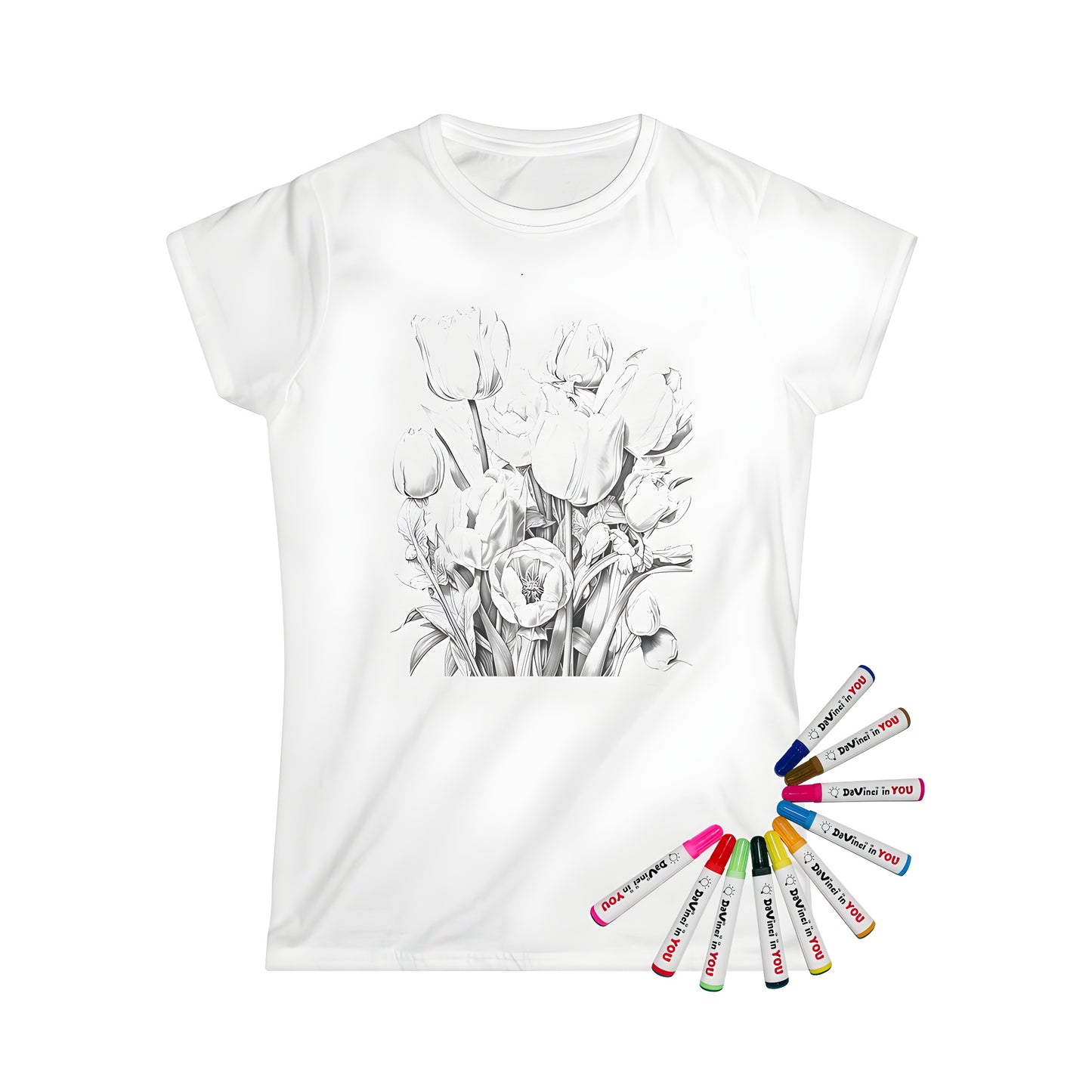 Women's t-shirt with colorful floral designs featuring blooming tulip flowers, detailed petals and stems, great for a fun and artistic gift