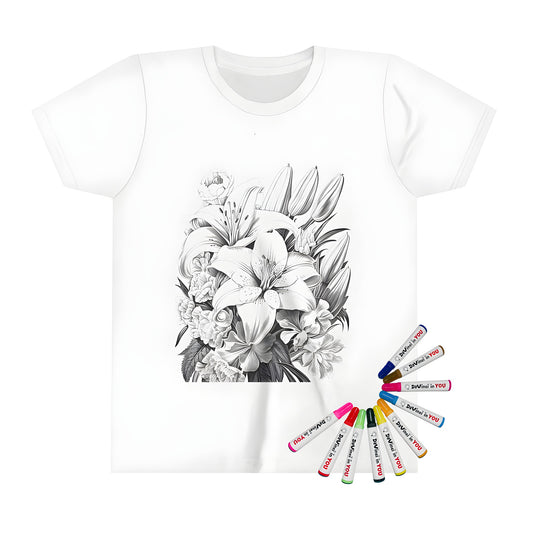 Kid's t-shirt with a beautiful bouquet of lilies and flowers coloring page design