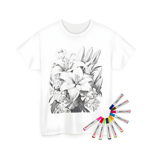 Coloring kit for adults featuring a bouquet of flowers, including lilies, with intricate details and petal designs. Includes a unisex t-shirt and 10 fabric markers.