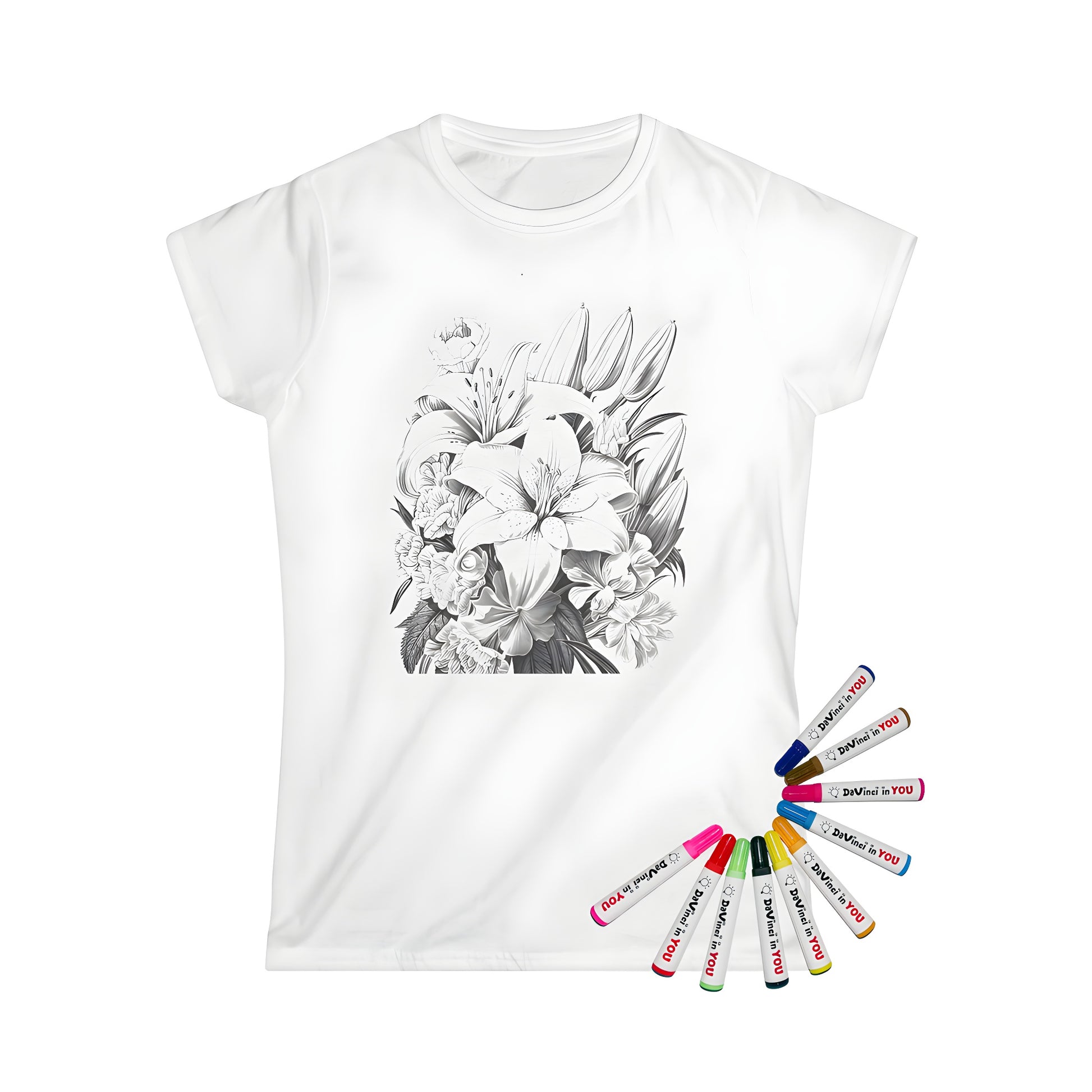 Women's t-shirt with lily, flower, bouquet, detailed black-and-white sketch design