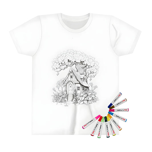 Colorful kid's t-shirt featuring a detailed line drawing of a quaint cottage under a large tree, surrounded by vibrant flowers and lush bushes.