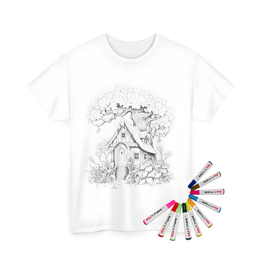 Colorful Unisex Tee featuring a charming cottage illustration under a lush tree