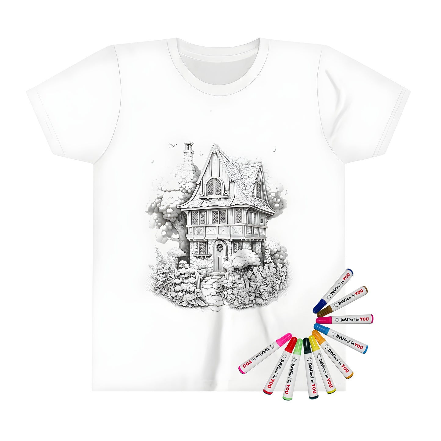 Kid's T-shirt featuring an adorable cottage design with a stone path, lush trees, and flowers