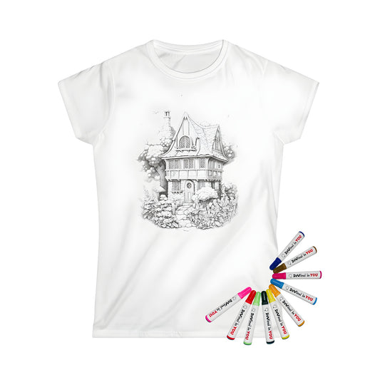 Colorful cottage-themed women's t-shirt for adults featuring a charming stone path and lush greenery illustration