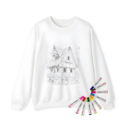 Quaint countryside home, cozy cabin, village scene, Adult Sweatshirt with cottage design, detailed illustration