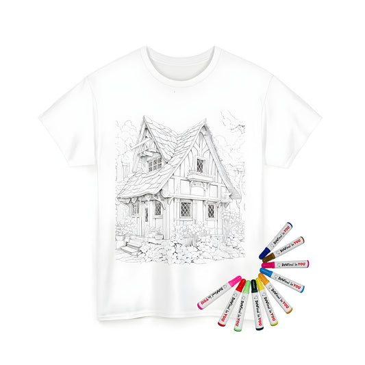 Cozy cottage-themed unisex t-shirt featuring a whimsical black and white drawing of a charming countryside home surrounded by lush plants and vibrant flowers