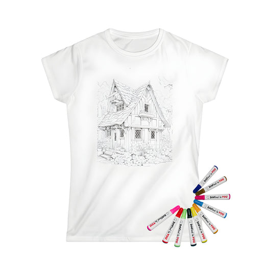 Women's t-shirt with whimsical cottage design featuring black and white drawing of a charming country house surrounded by detailed flowers and plants