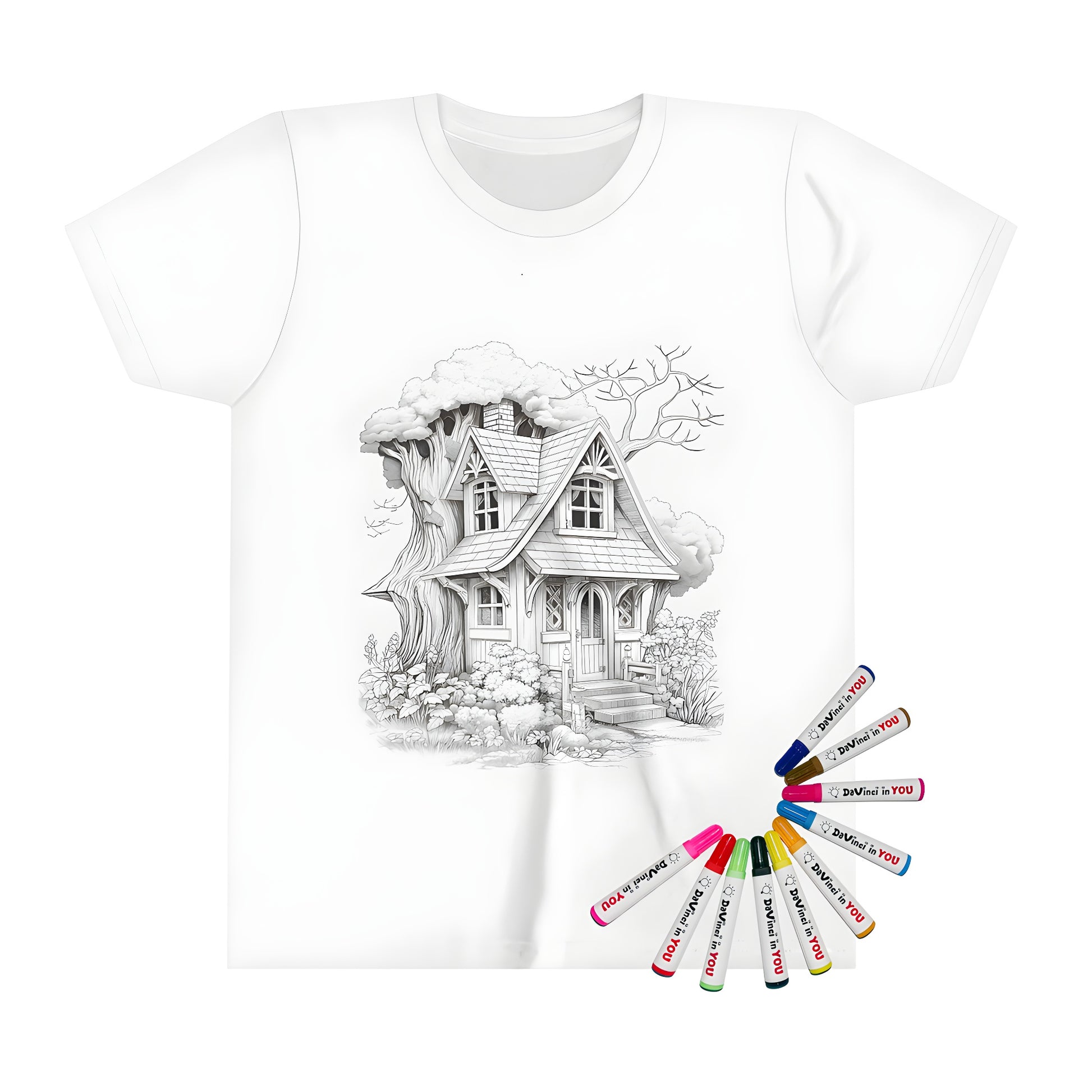 A vibrant kid's t-shirt featuring an illustration of a whimsical treehouse cottage amidst lush foliage and plants.