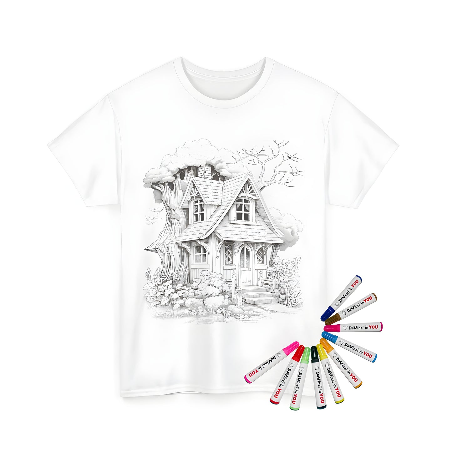 Coloring kit for unisex t-shirts featuring whimsical treehouse cottage illustrations, including wooden house, fairy tale home, enchanted dwelling