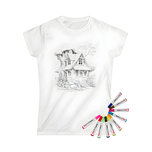 Coloring kit for women featuring a whimsical treehouse cottage illustration on a comfortable t-shirt. Includes 10 vibrant fabric markers.