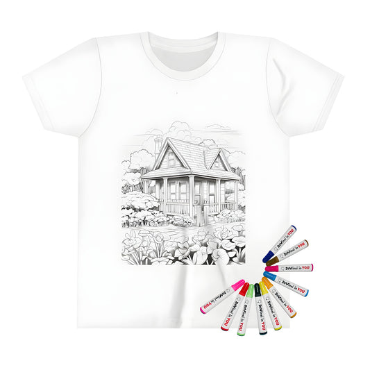 Cozy cottage-inspired kid's t-shirt for coloring fun with 10 vibrant fabric markers.