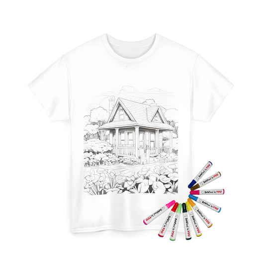 Cozy cabin illustration on a unisex t-shirt