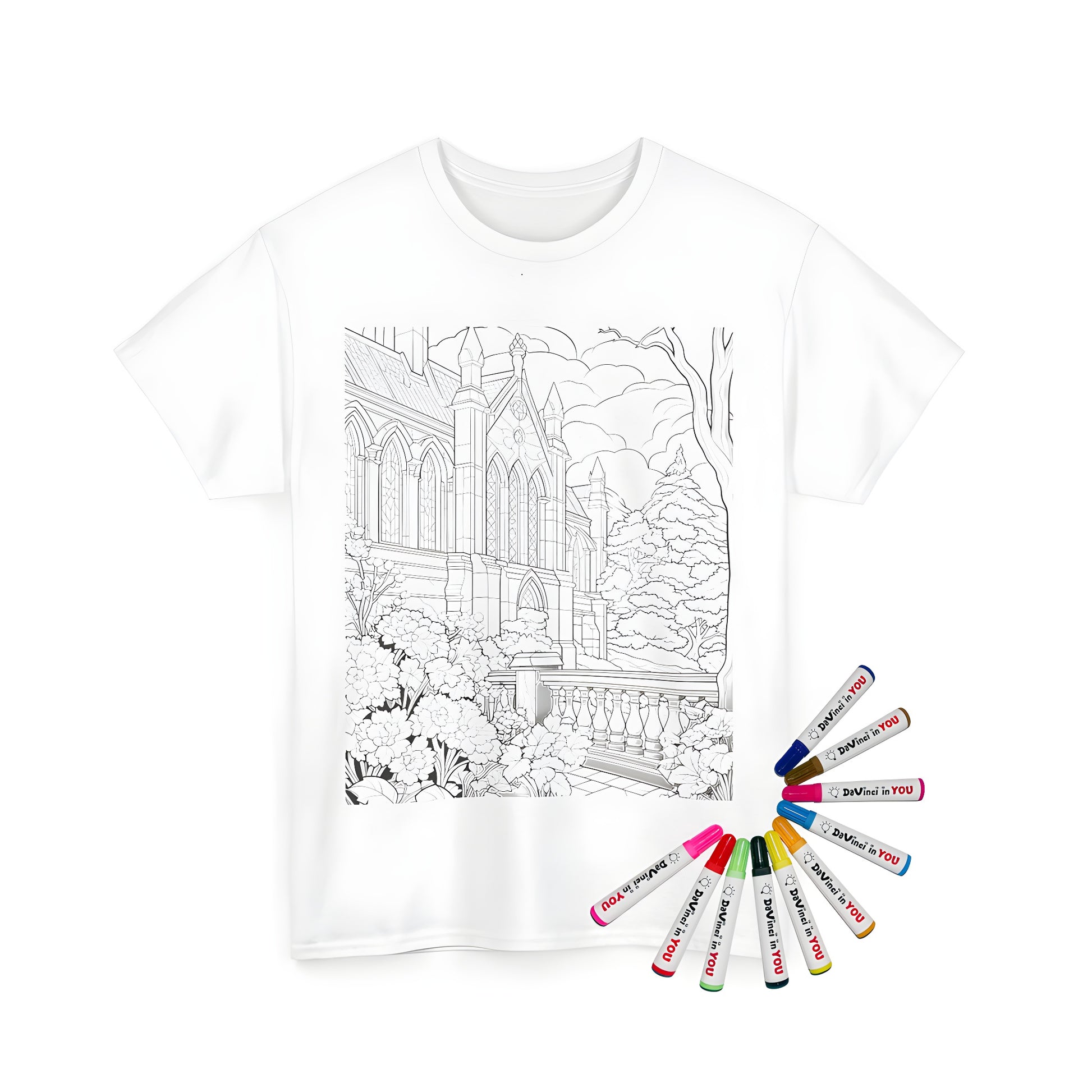 Unisex T-shirt featuring an intricately designed Gothic church or castle illustration surrounded by vibrant flowers, lush trees, and soft clouds.