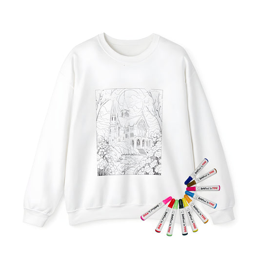 Adult sweatshirt featuring a gothic cathedral design with tall spires, surrounded by trees and flowers, on a scenic pathway