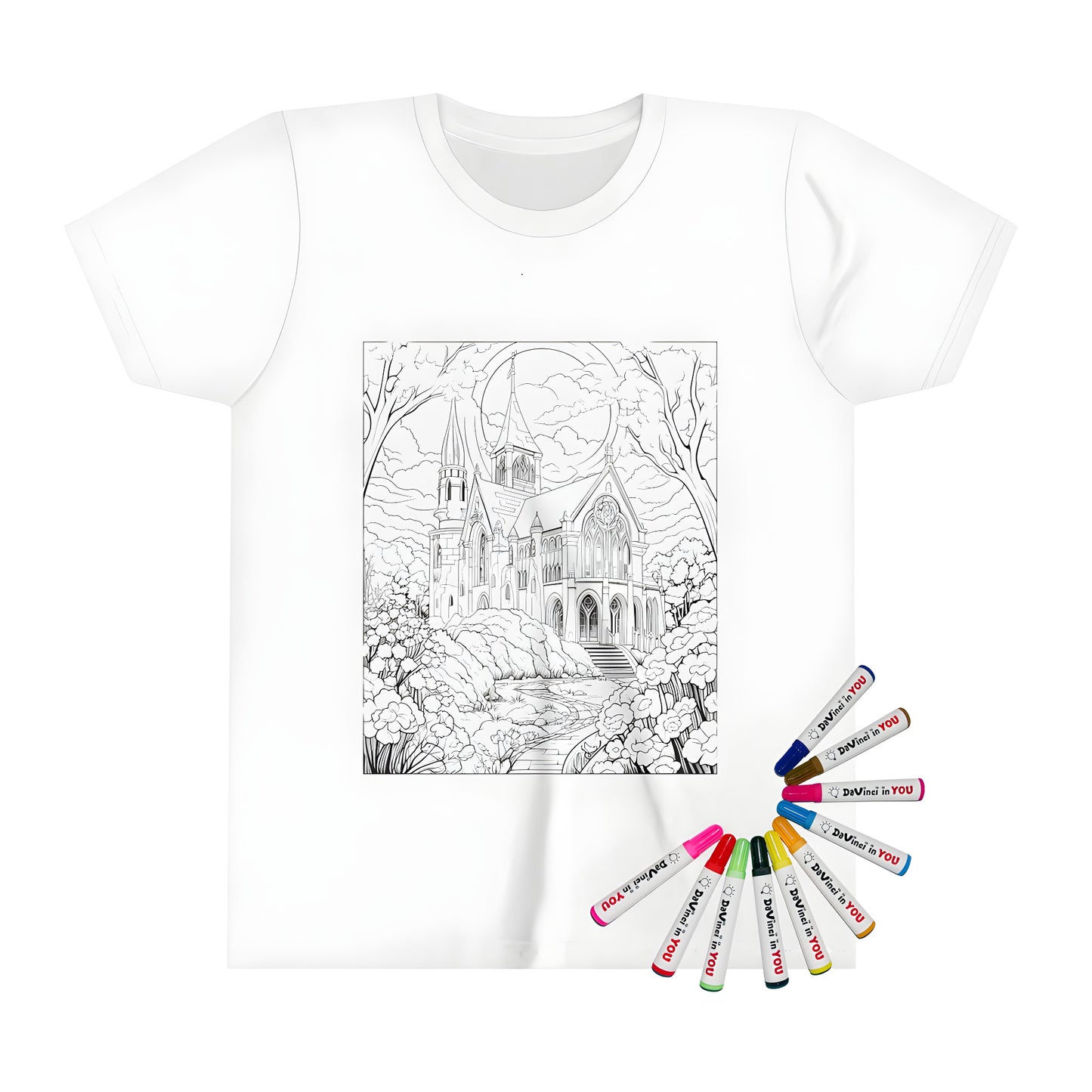 Gothic church kid's t-shirt featuring a colorful cathedral design with spires, surrounded by trees and flowers, perfect for kids who love art and architecture