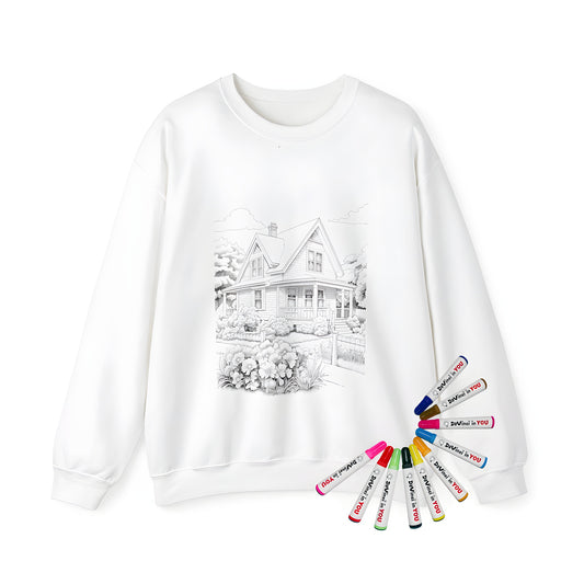 Adult sweatshirt featuring a colorful illustration of a charming cottage-style house with surrounding garden, trees, and clouds.