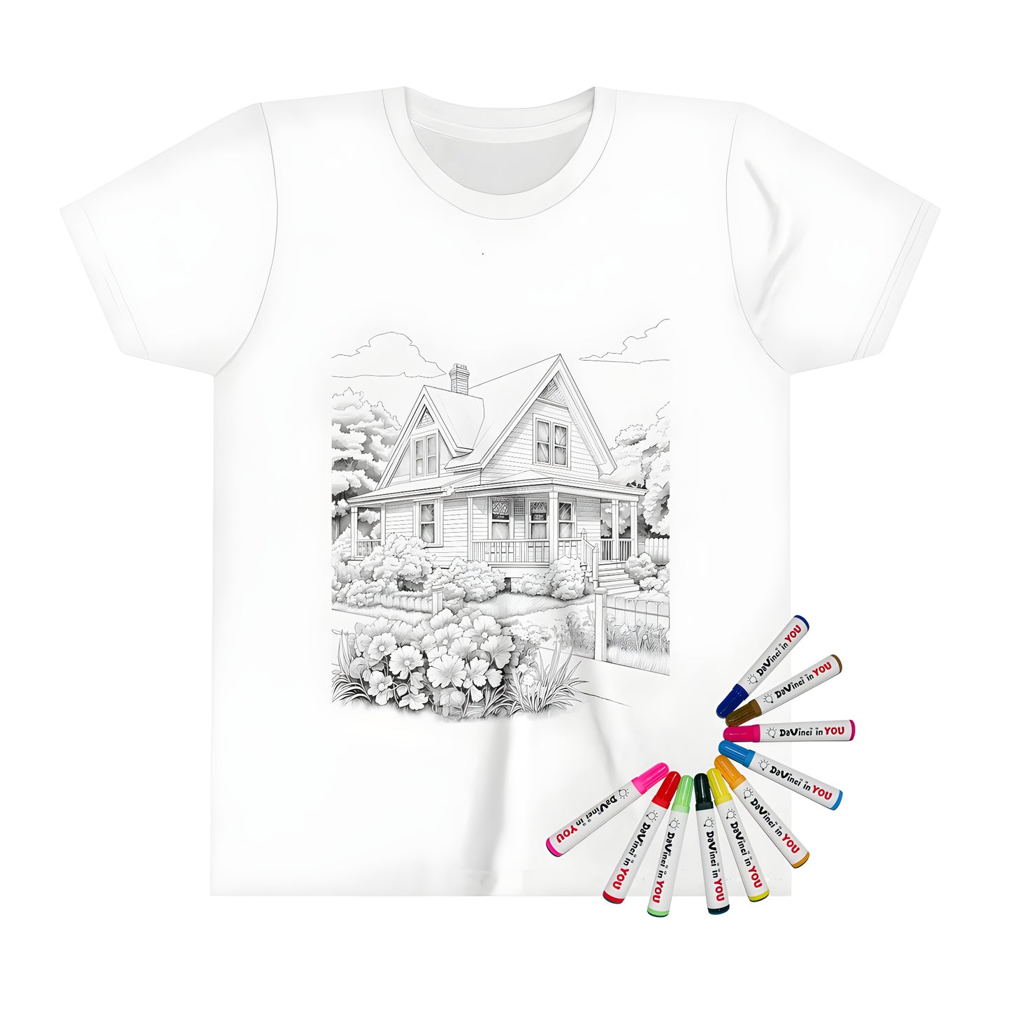 A Kid's T-shirt featuring a colorful cottage house design with garden, trees, and clouds