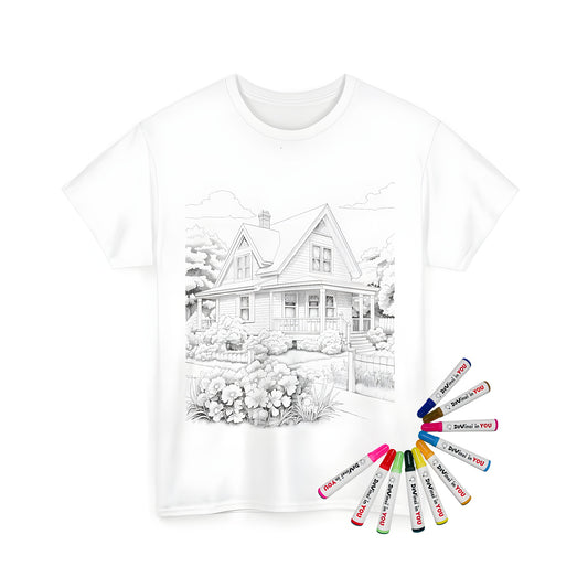 Unisex t-shirt with whimsical cottage-inspired coloring kit artwork