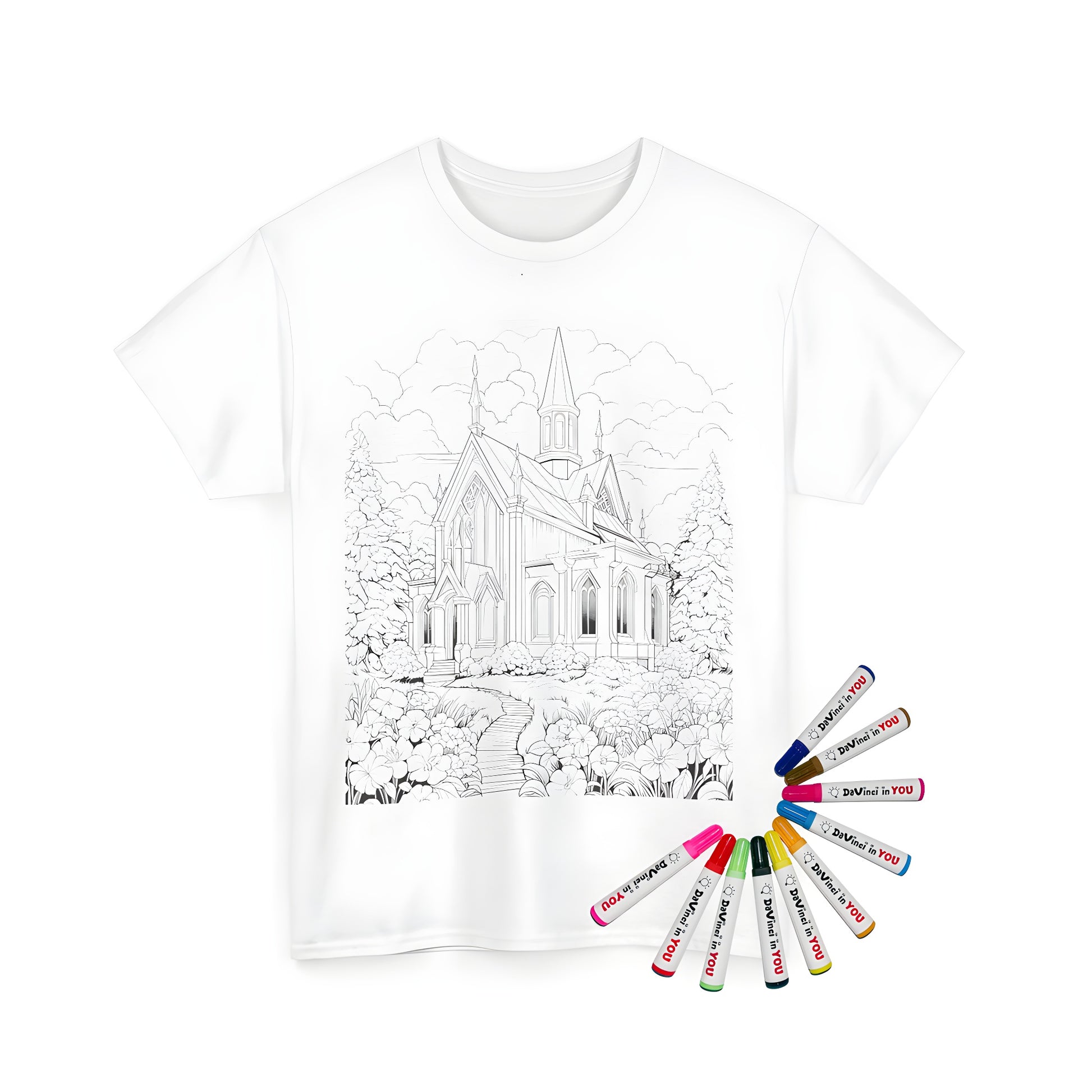 Unisex T-shirt featuring a detailed line drawing of a gothic cathedral or edifice, surrounded by nature including flowers, trees, and a garden pathway