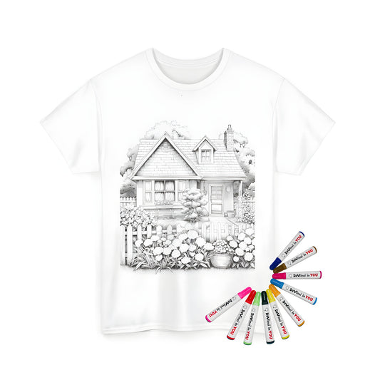 Cute cottage, farmhouse, home, village, small house coloring page design printed on unisex t-shirt