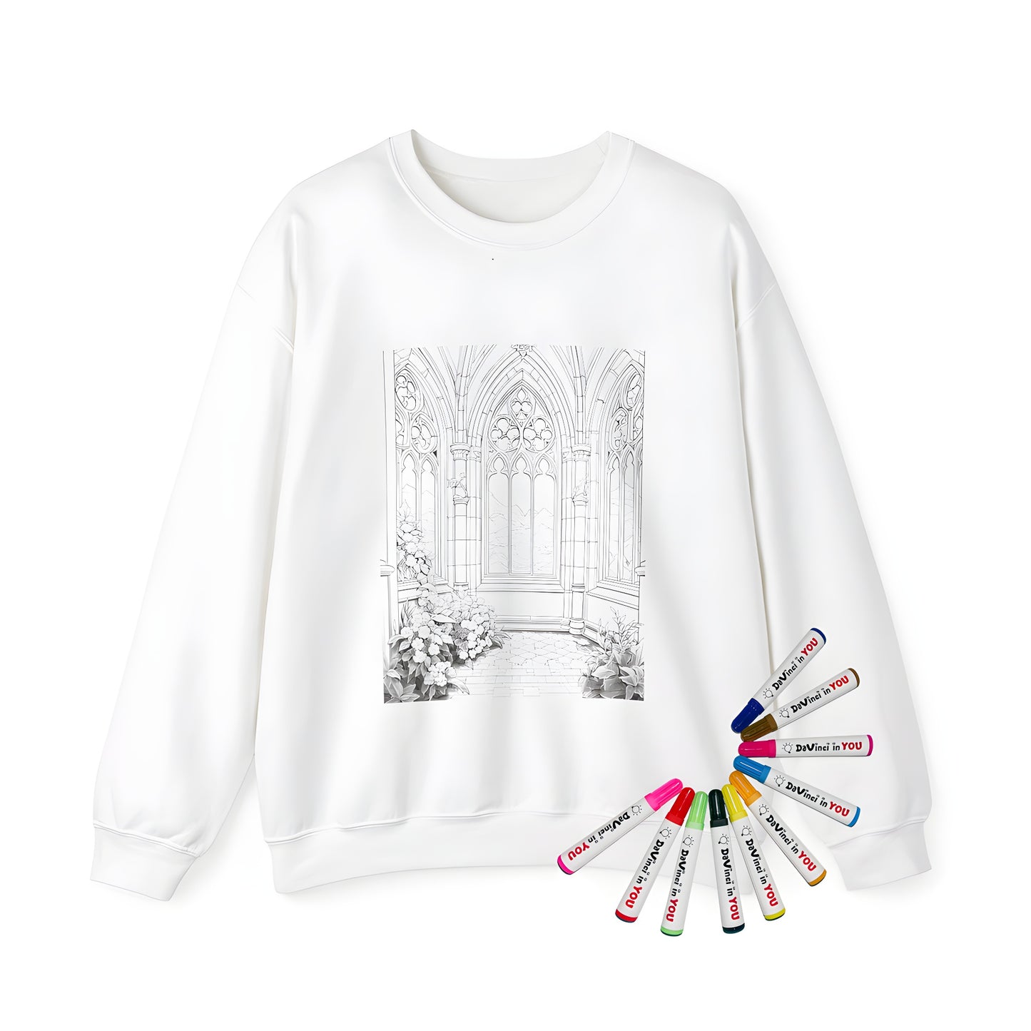 Adult sweatshirt with intricate gothic castle interior design featuring large arched windows and floral decoration