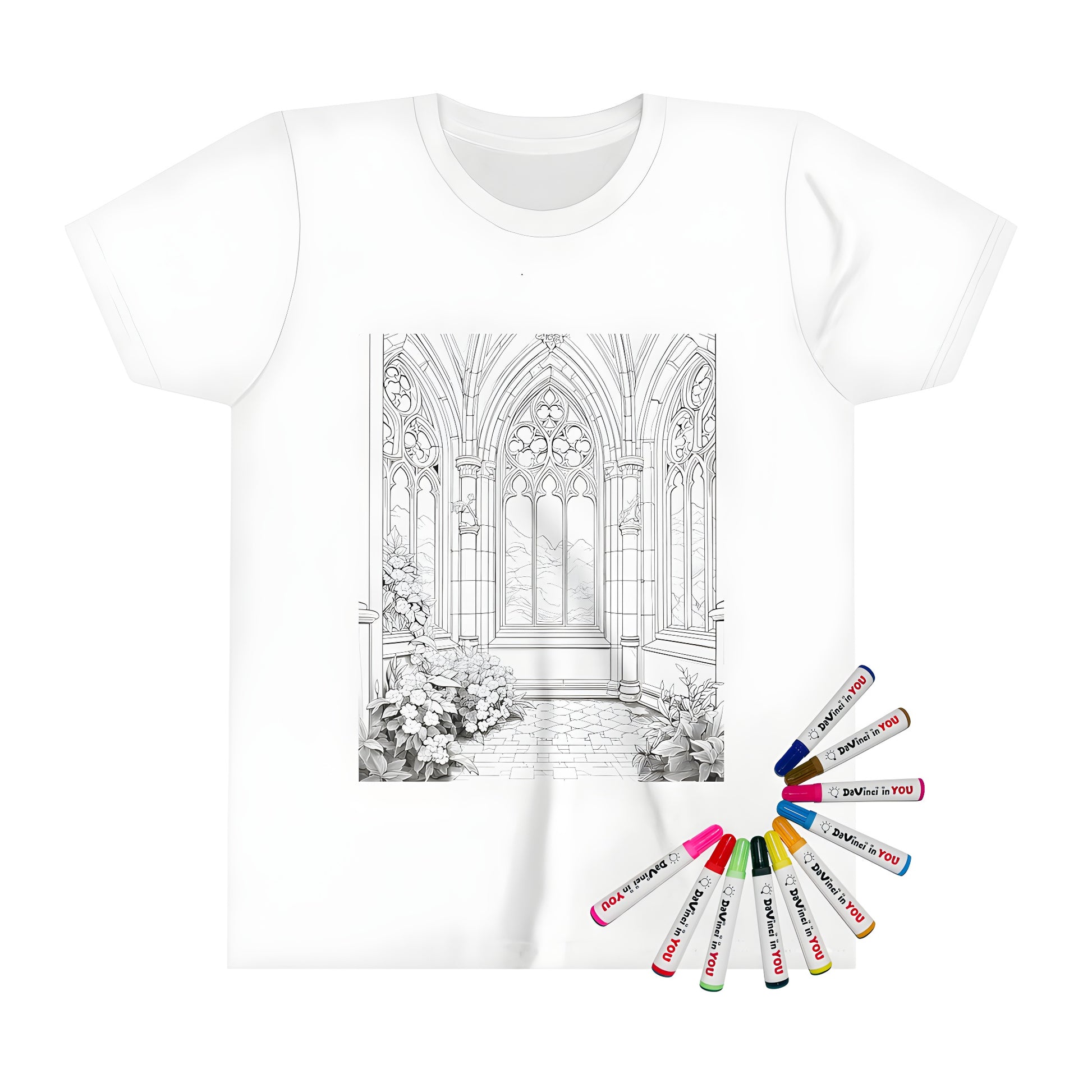 A vibrant Kid's T-shirt featuring an intricately detailed gothic castle interior design, complete with large arched windows and floral decoration