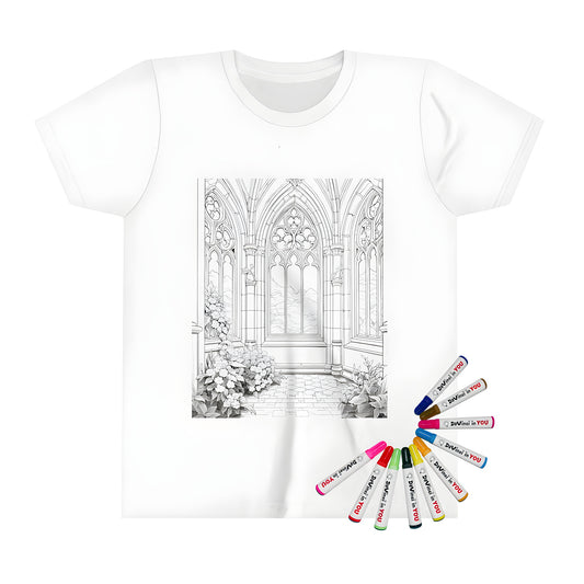 A vibrant Kid's T-shirt featuring an intricately detailed gothic castle interior design, complete with large arched windows and floral decoration