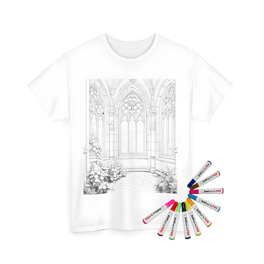 Unisex t-shirt featuring an intricately detailed gothic interior design with large arched windows and floral decoration