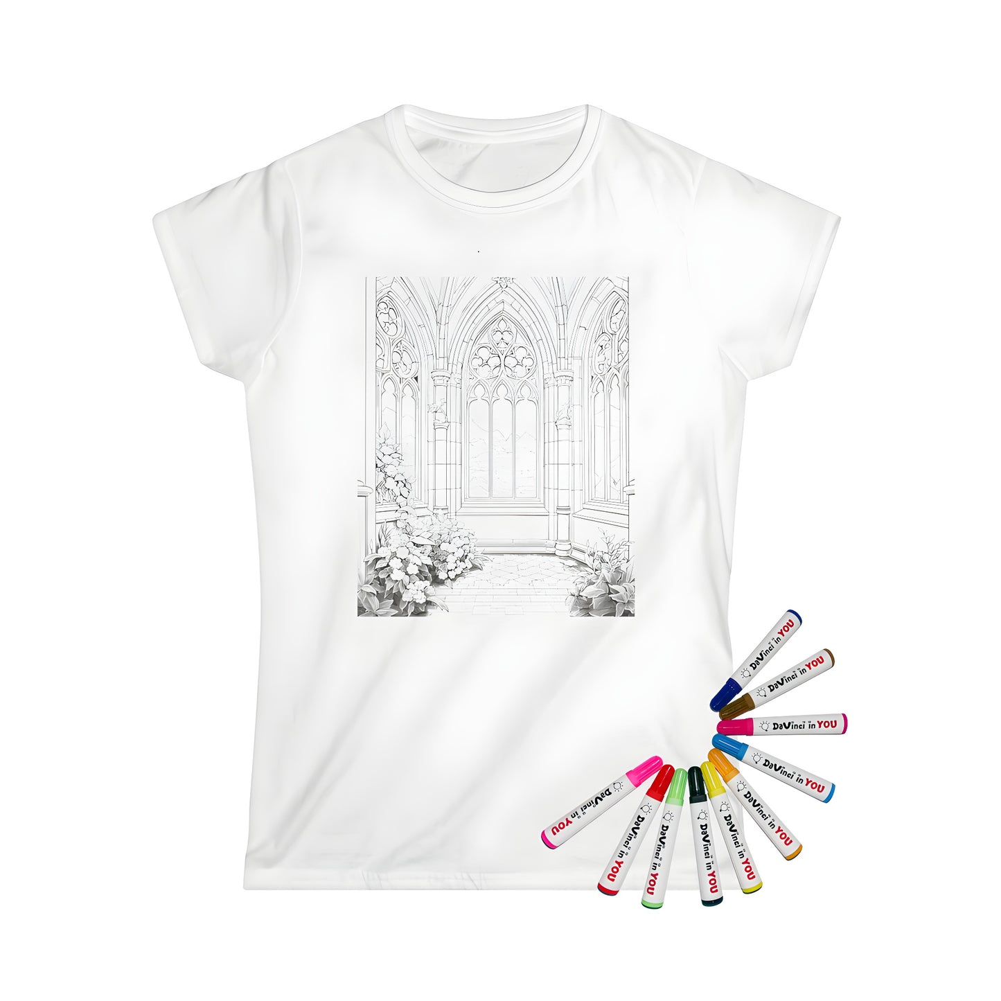 Women's T-shirt with intricate gothic castle interior design featuring large arched windows and floral decoration