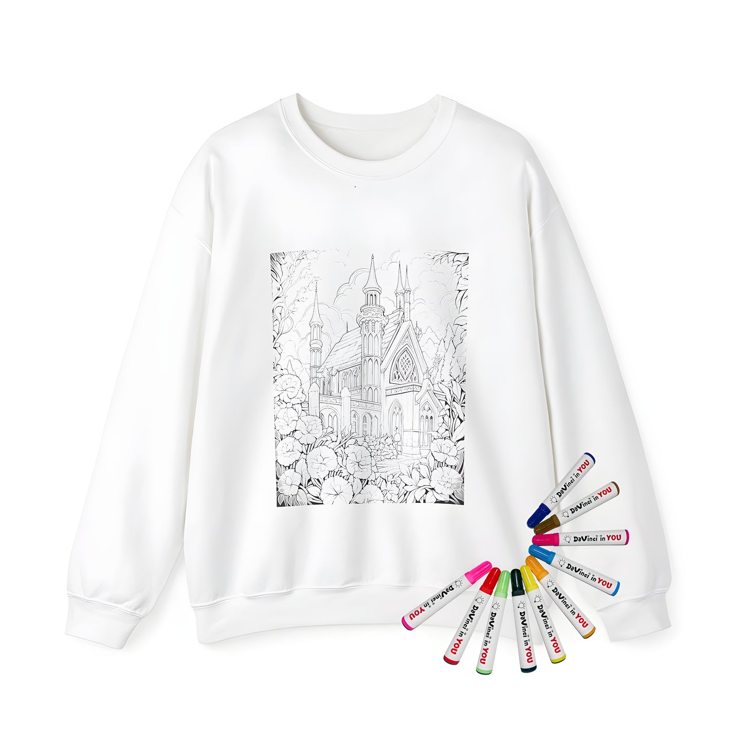 Adult sweatshirt featuring intricate gothic architecture, vibrant flowers, and colorful spires - perfect for cathedral enthusiasts