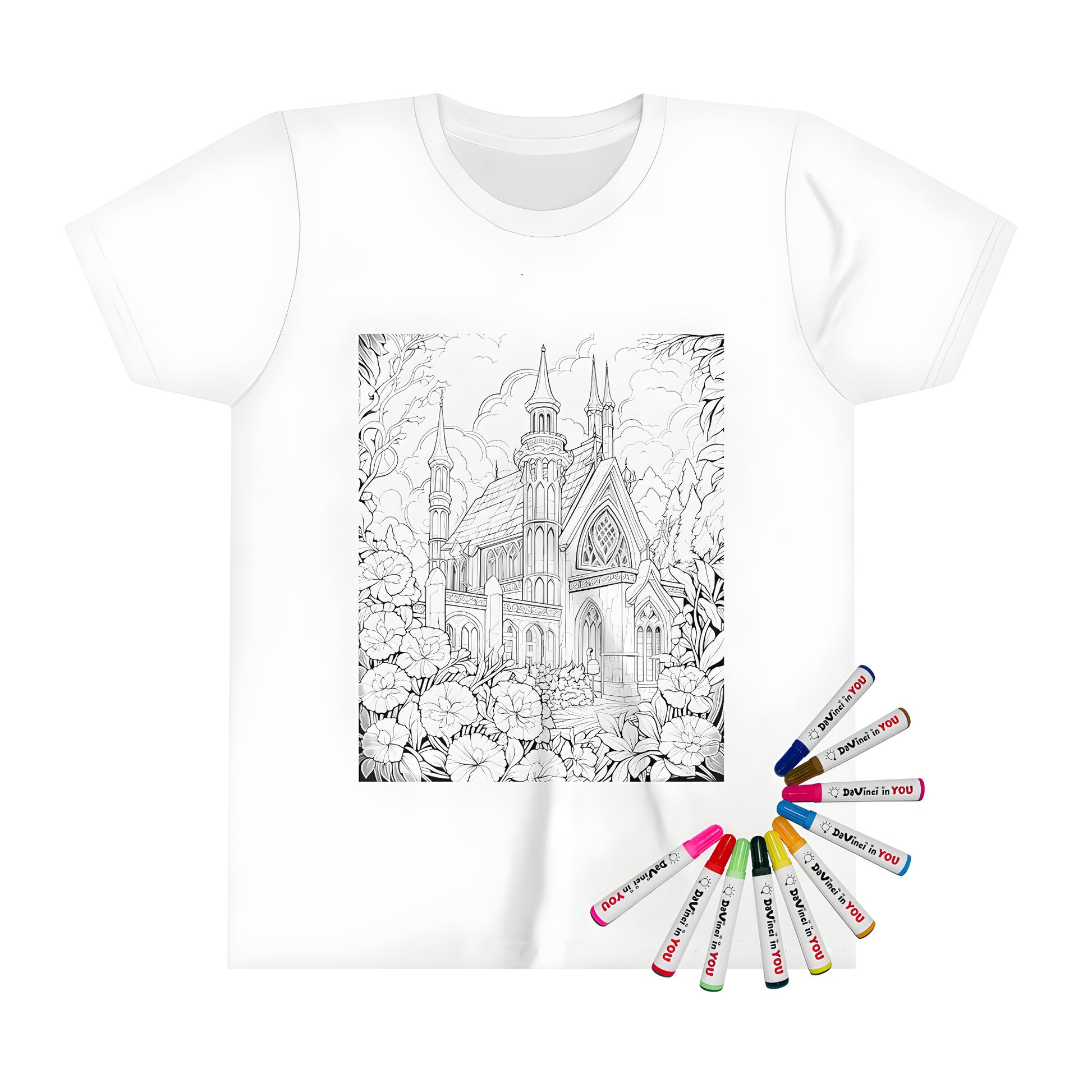 Kids' t-shirt featuring an intricate gothic cathedral coloring page design with multiple spires, surrounded by lush flowers and trees