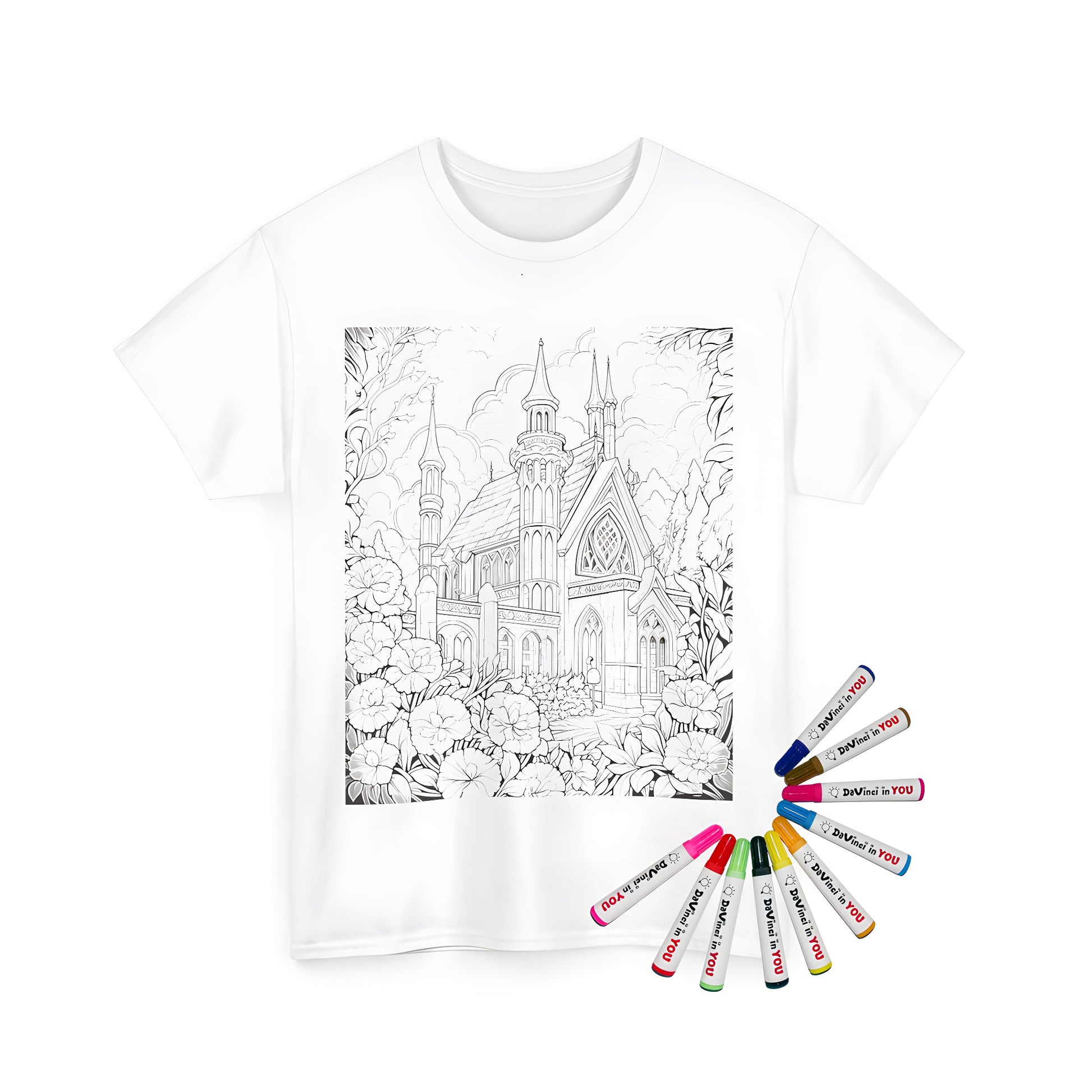 Unisex t-shirt featuring intricate gothic church illustration with multiple spires, surrounded by vibrant flowers and trees