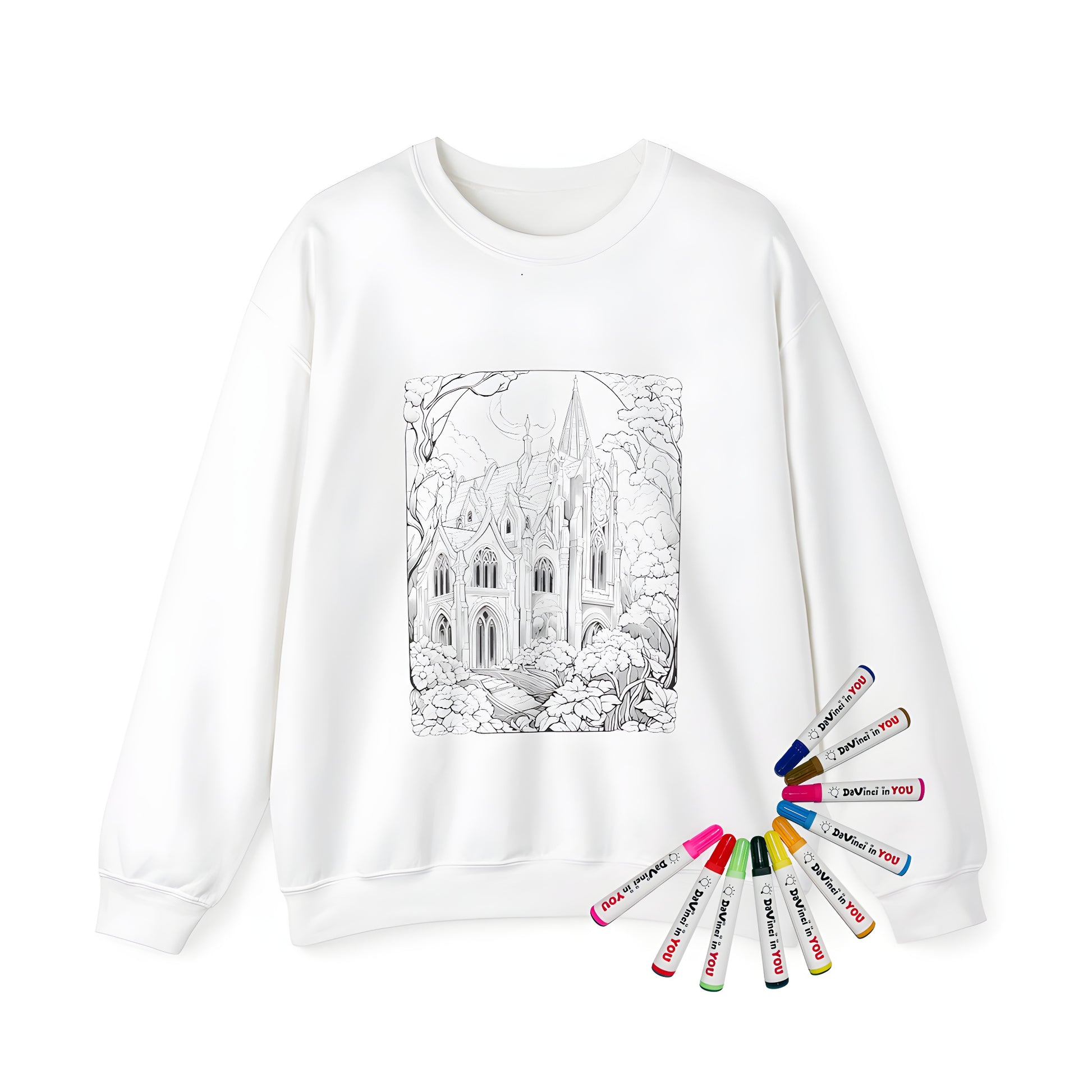 Adult sweatshirt featuring an elegant Gothic architecture design of a cathedral with intricate details, surrounded by lush greenery and flora, perfect for coloring enthusiasts who appreciate medieval and Victorian-era inspired art