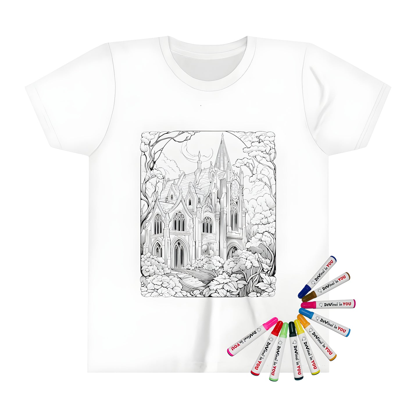 A detailed black and white sketch of a medieval church on a kid's t-shirt, featuring intricate architectural details and surrounded by lush greenery