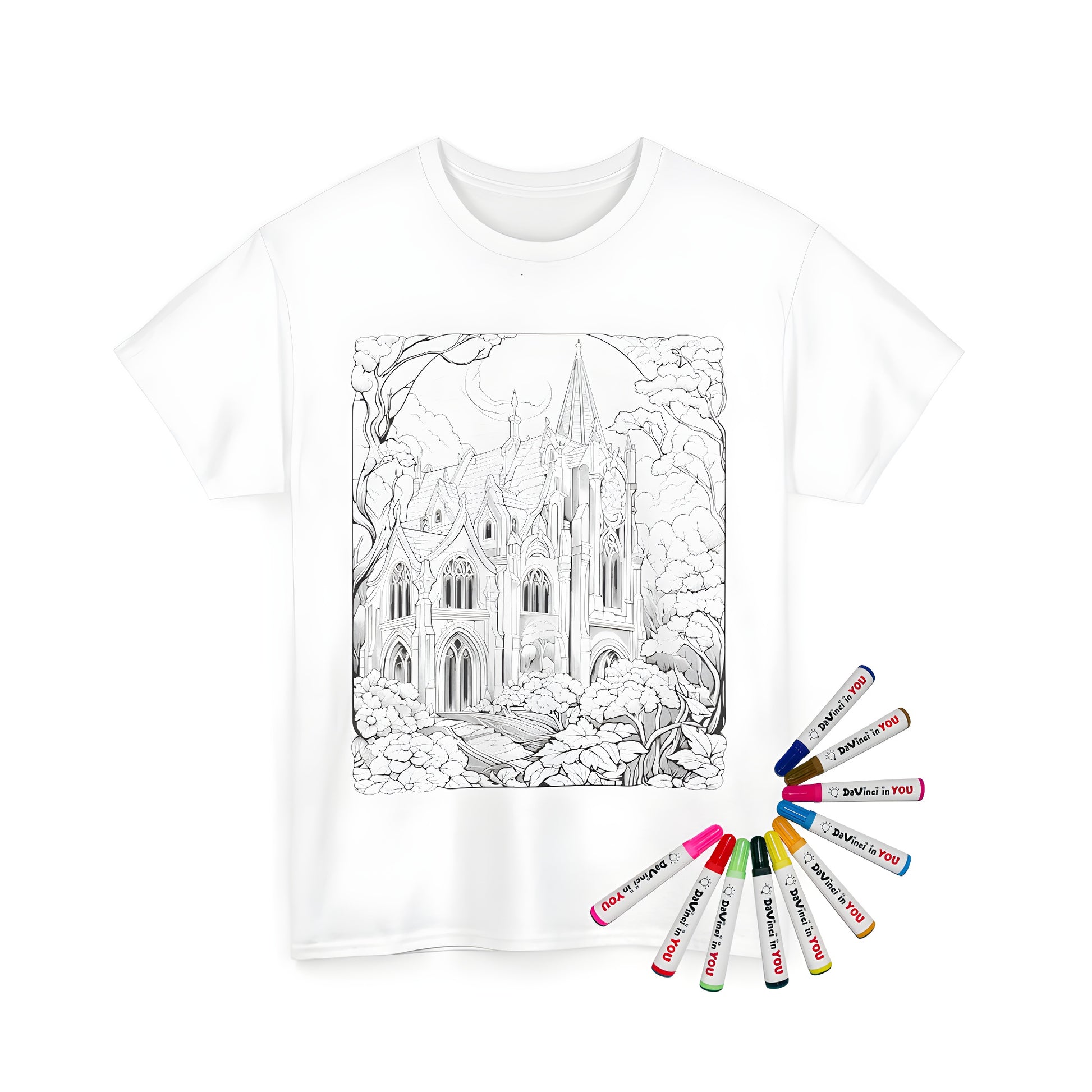 Coloring kit t-shirt featuring a detailed black and white gothic church building, cathedral, or abbey design with intricate architecture and surrounded by greenery