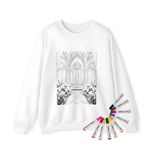 Adult sweatshirt featuring an intricate gothic cathedral interior design with tall windows and blooming flower bushes, perfect for adult coloring enthusiasts. Includes a set of 10 fabric markers.