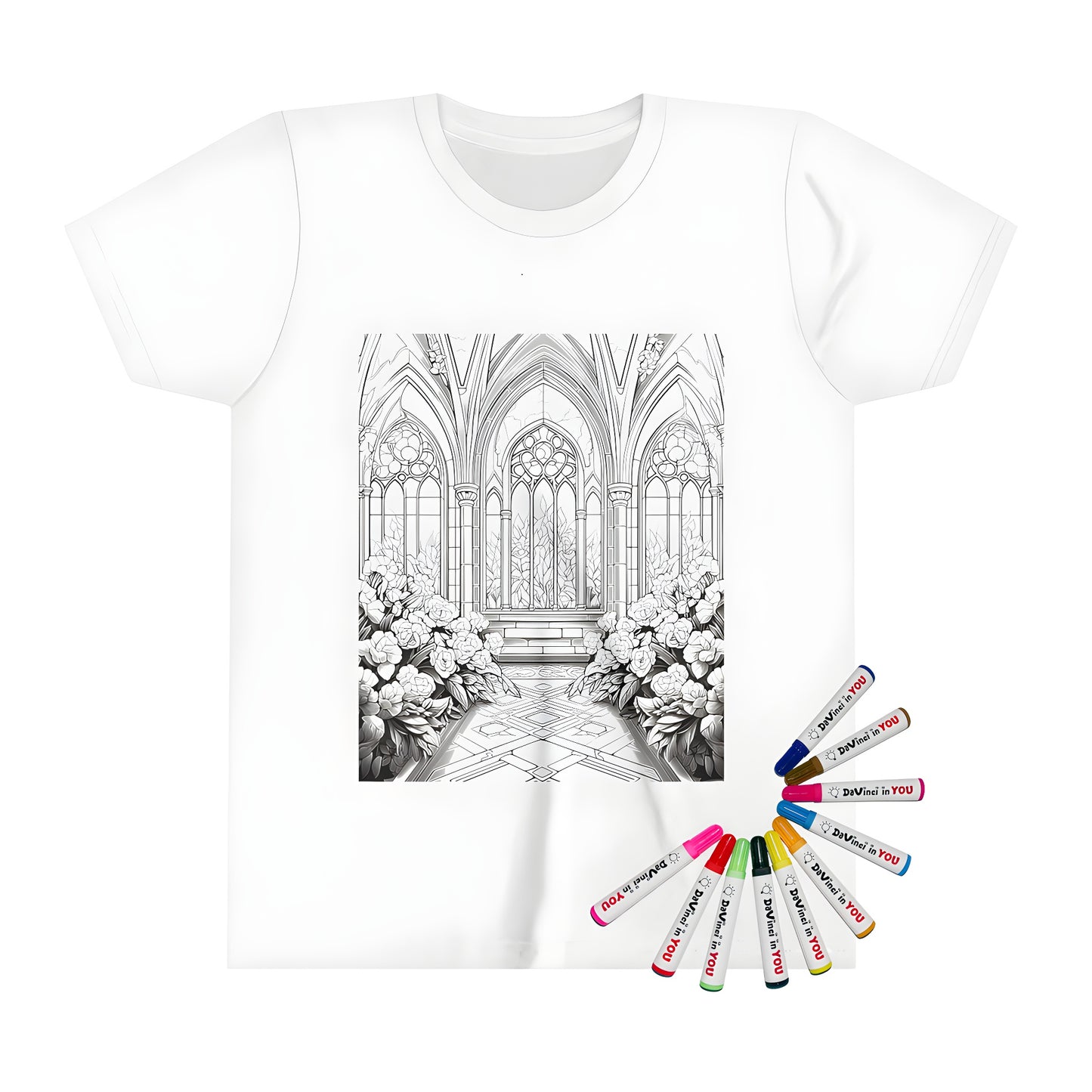 Kid's t-shirt with intricate gothic cathedral interior design, tall windows, and blooming flower bushes in a detailed black and white coloring page