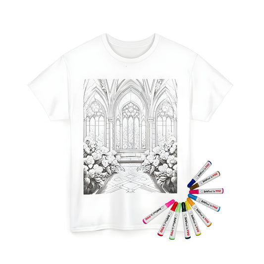 Intricate gothic cathedral interior with tall windows and blooming flower bushes on a unisex t-shirt