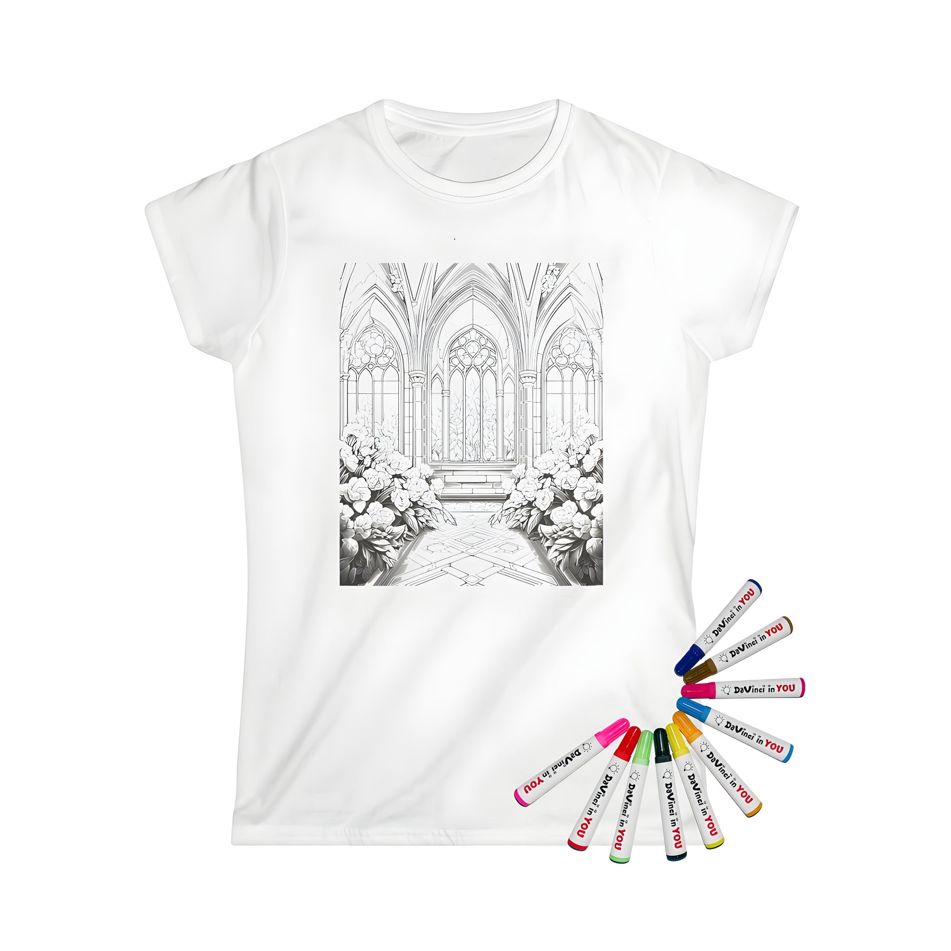 Women's t-shirt with intricate gothic church interior design featuring tall windows and blooming flower bushes