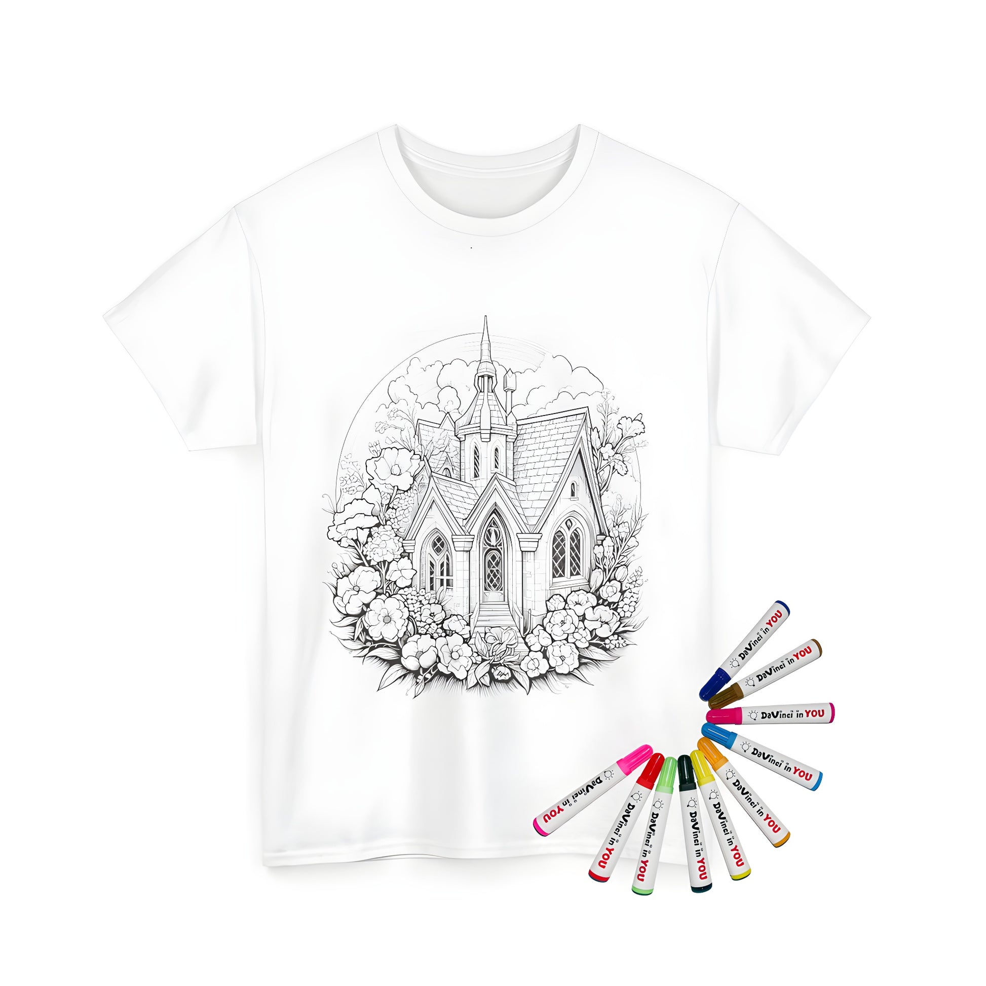 A unique unisex t-shirt featuring a detailed gothic-inspired church design with floral patterns and a cloudy sky.